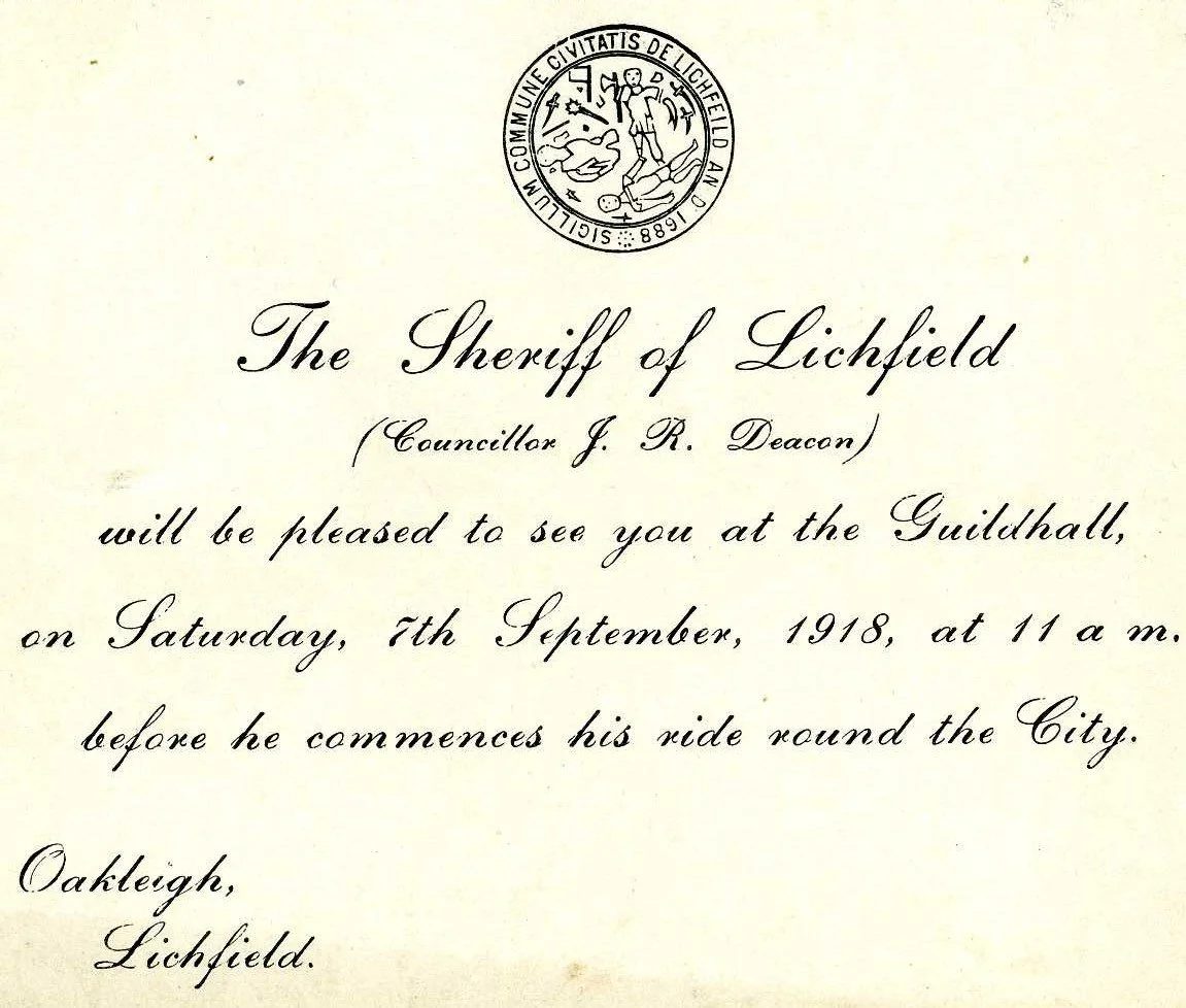 Invitation from Sheriff J. R. Deacon for the Sheriff's Ride, 7 September 1918